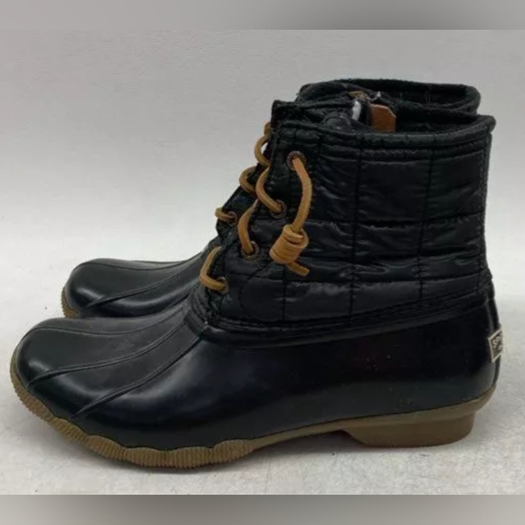 Sperry Saltwater Shiny Black Quilted Duck Boots Size 8 Pre-owned Exc MSRP $110 - Picture 3 of 7